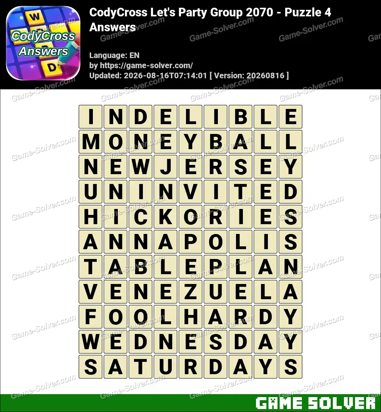 CodyCross Let’s Party Group 2070 – Puzzle 4 Answers